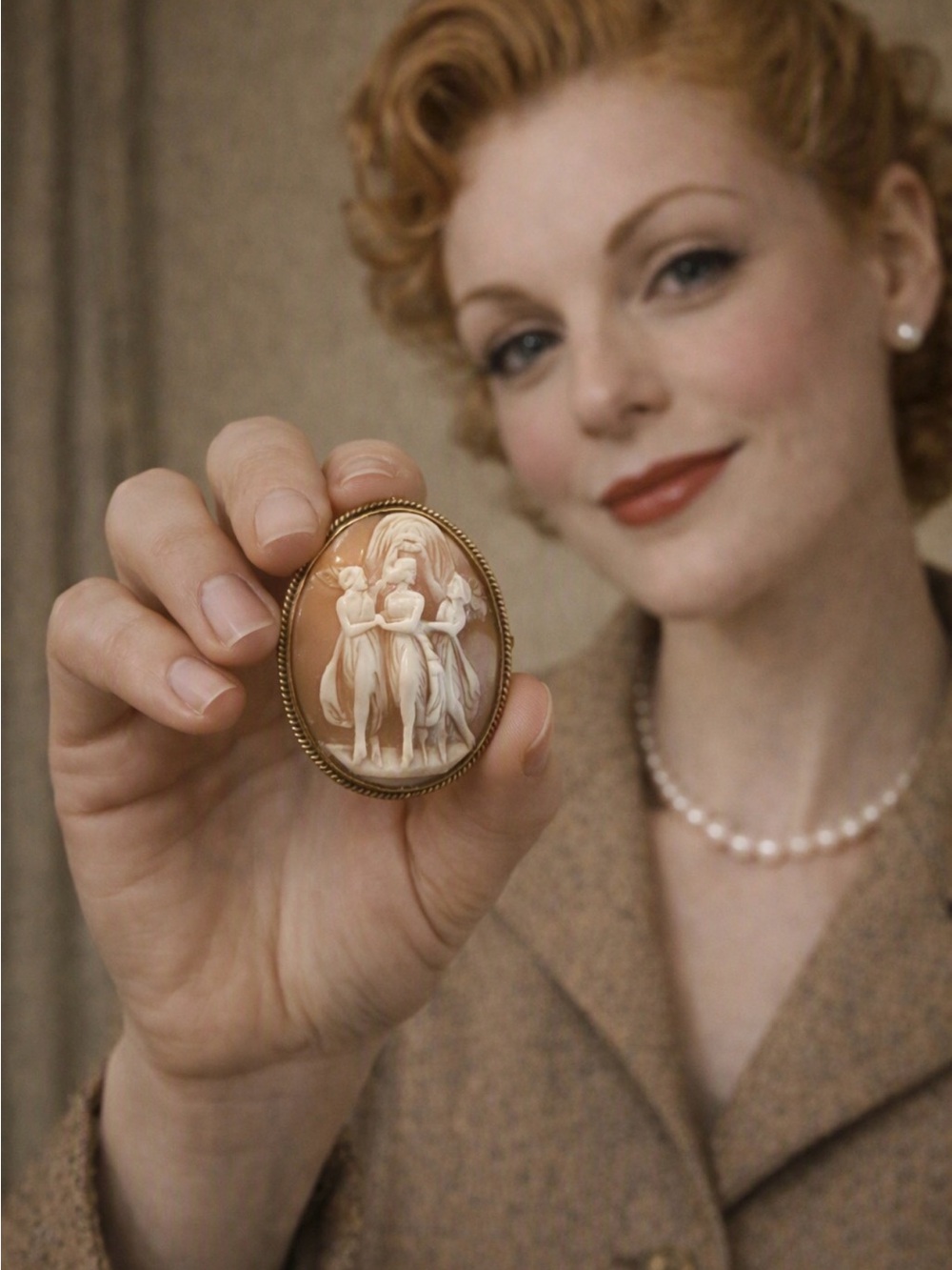 Antique 3 graces brassy gold finish large carved shell cameo brooch